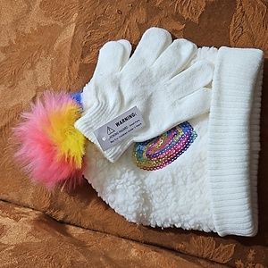 Girls White Knit Cap & Gloves-Fuzzy w/Sequin Heart & Pompom-NWT